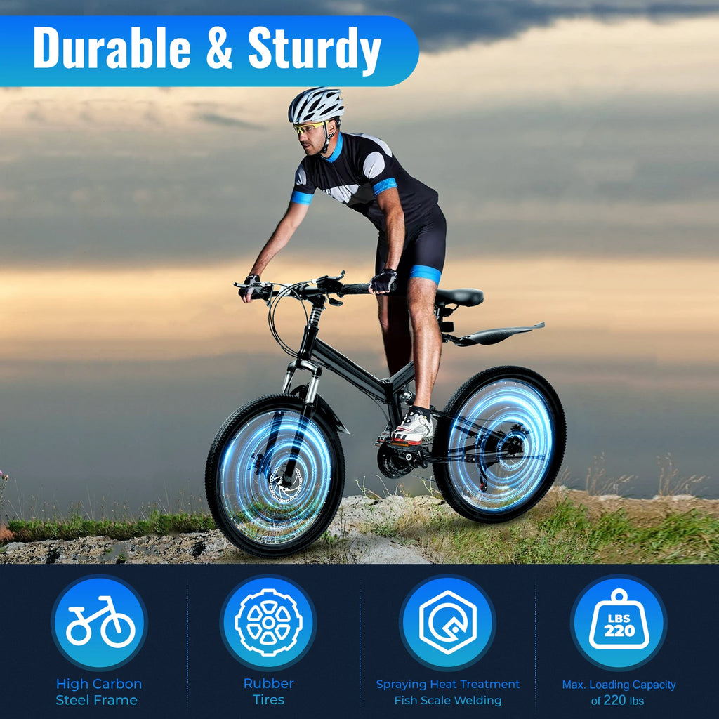 26 Inch Folding Mountain Bike 21 Speed Double Disc Brake Carbon Steel Frame Foldable Design 100kg Load Adult Bicycle
