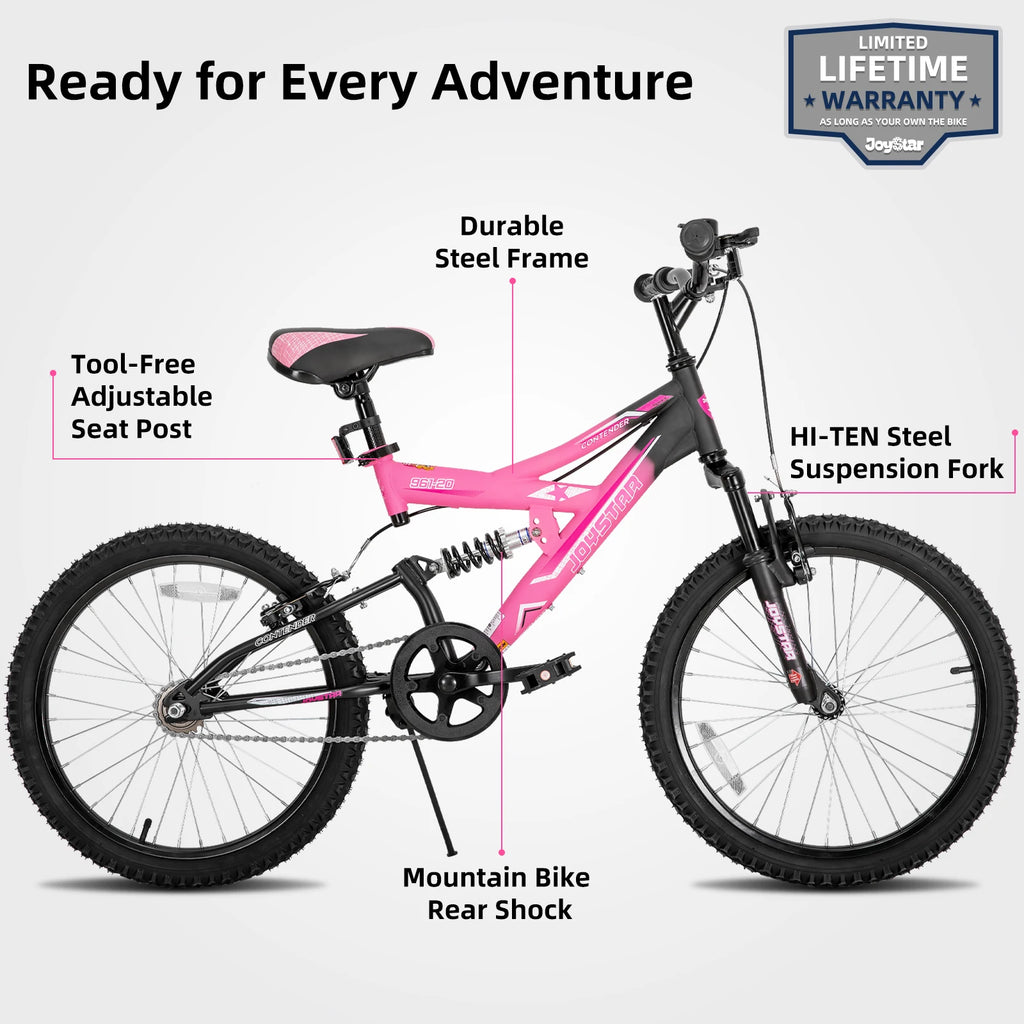 JOYSTAR 20 Inch Kids' Bike for Boys Girls Age 7-13 Years Old, Dual-Suspension Kids Mountain Bike with Dual Handbrake & Kickstand