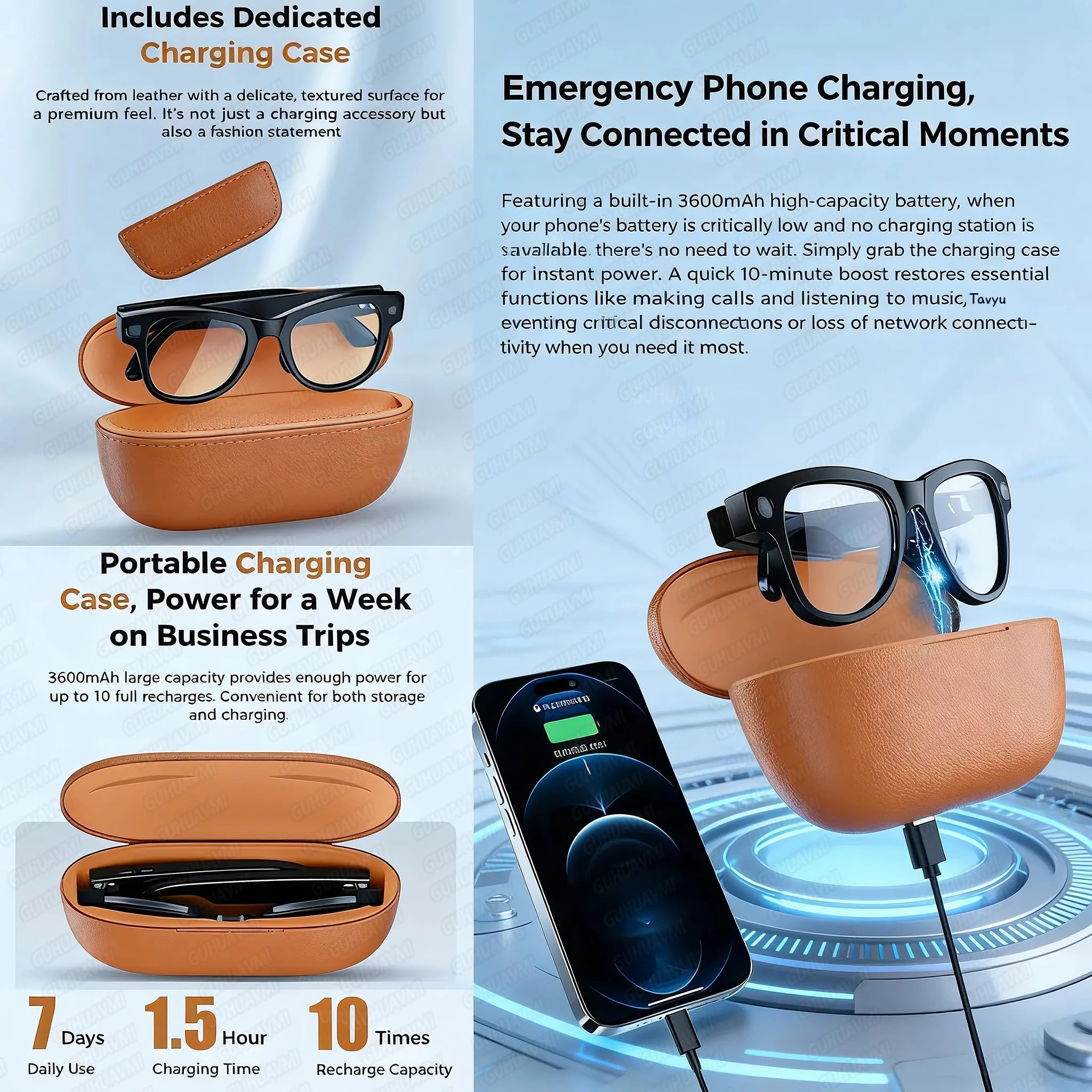 Lunettes connectées IA — Appareil photo 800 MP, batterie externe 3600 mAh, traduction de plus de 100 langues, Wi-Fi