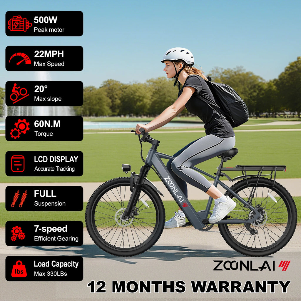 Adult electric bike with a 500W motor, 26x1.95 anti-slip tyres, a 36V 10.4Ah removable battery, a 7-speed gear system, and unisex pedal-assisted electric bike