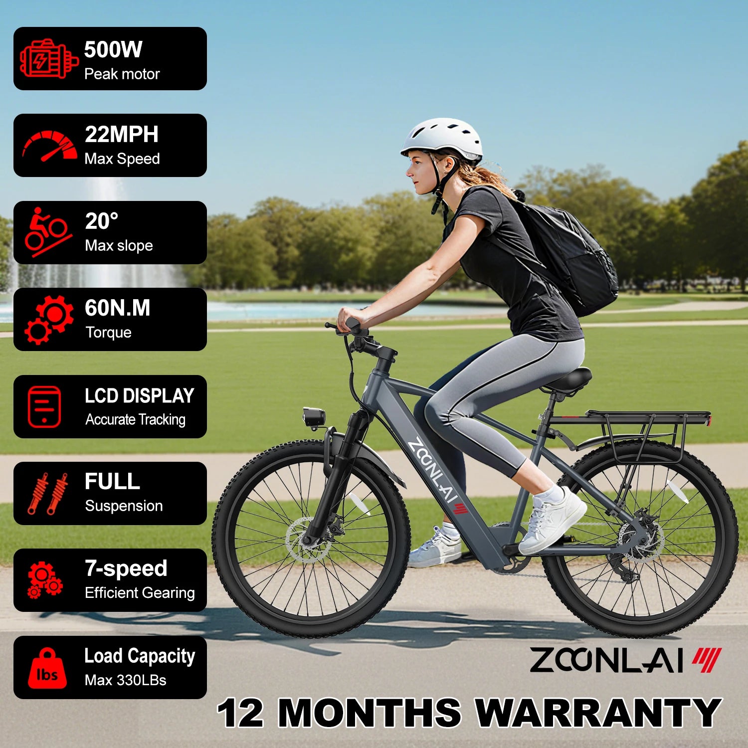 Adult electric bike with a 500W motor, 26x1.95 anti-slip tyres, a 36V 10.4Ah removable battery, a 7-speed gear system, and unisex pedal-assisted electric bike