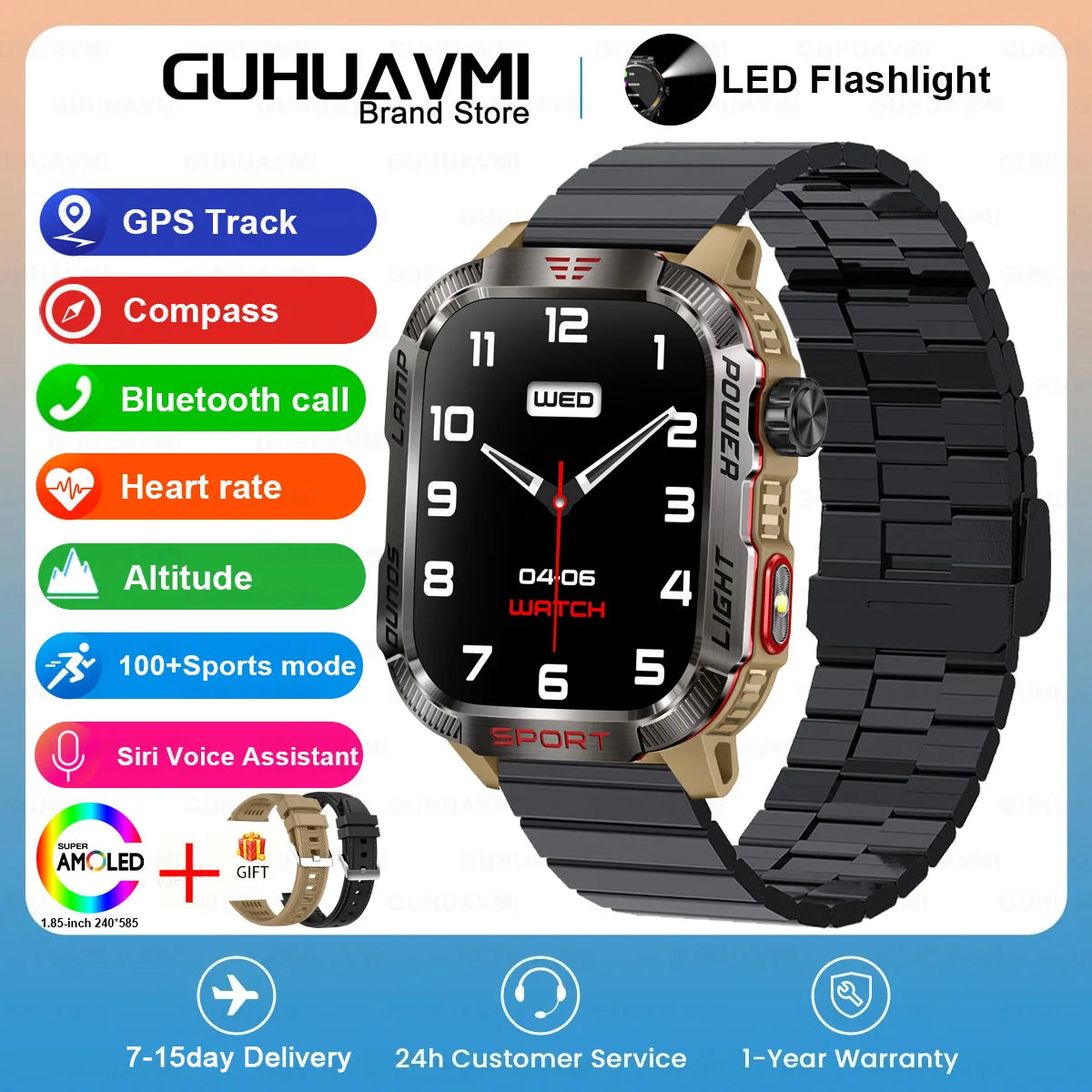 GUHUAVMI Outdoor Watch — AMOLED, GPS, Bluetooth