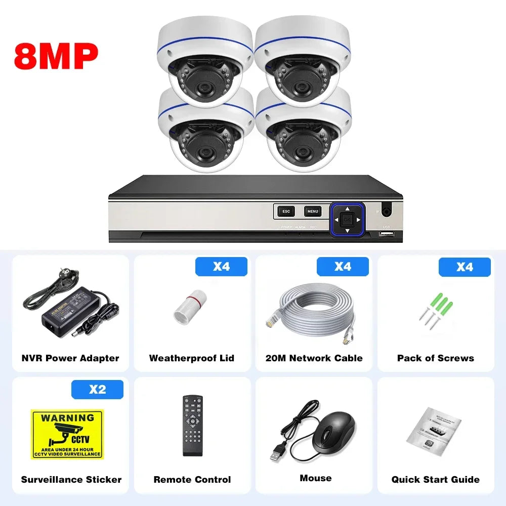 Kit de caméra de sécurité POE 10 canaux 4K 8MP Audio Détection de mouvement Caméra dôme extérieure anti-vandalisme 5MP 4MP Protection de surveillance CCTV