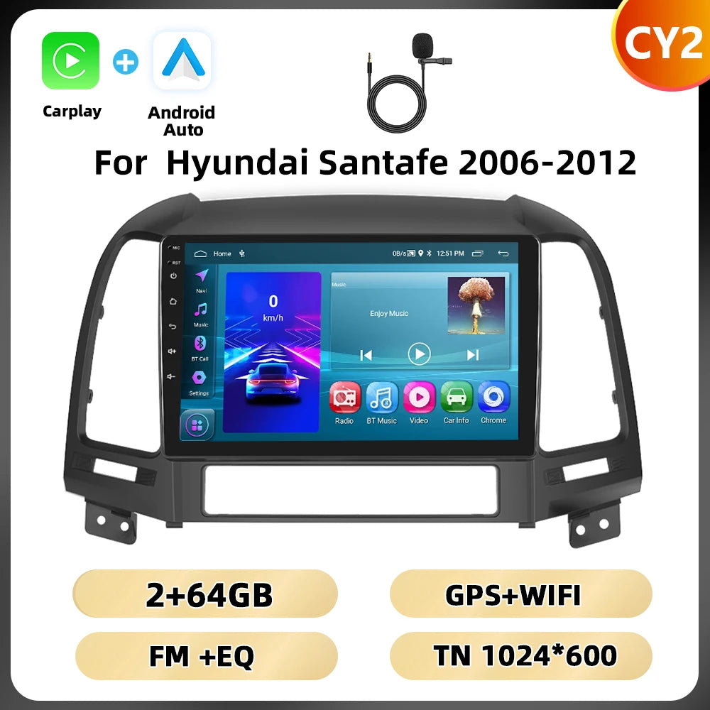 Podofo Hyundai Santa Fe — 8+128G, CarPlay, 4G