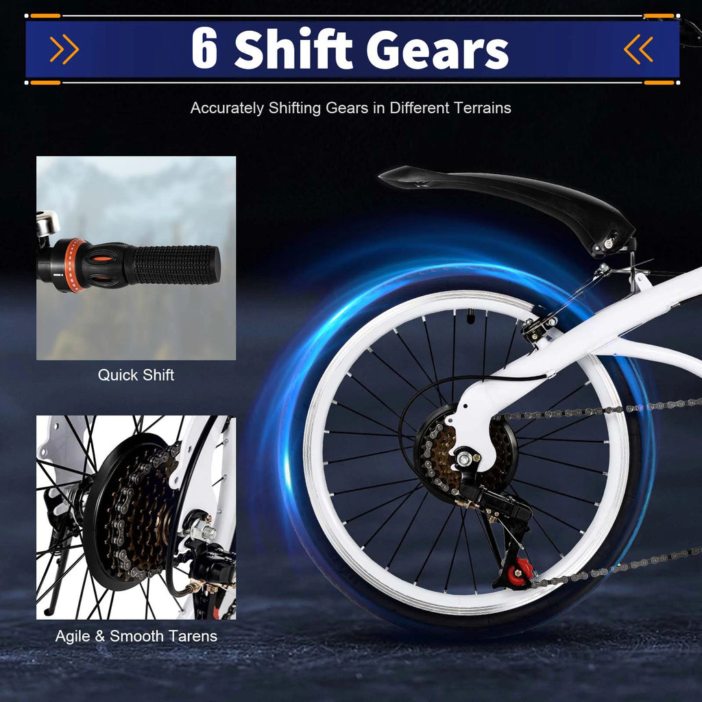 White Foldable Bicycle for Kids & Adults (4.6-6.2ft) - 6-Speed, Dual V-Brakes,Portable for Outdoor, Muddy, Mountain Roads