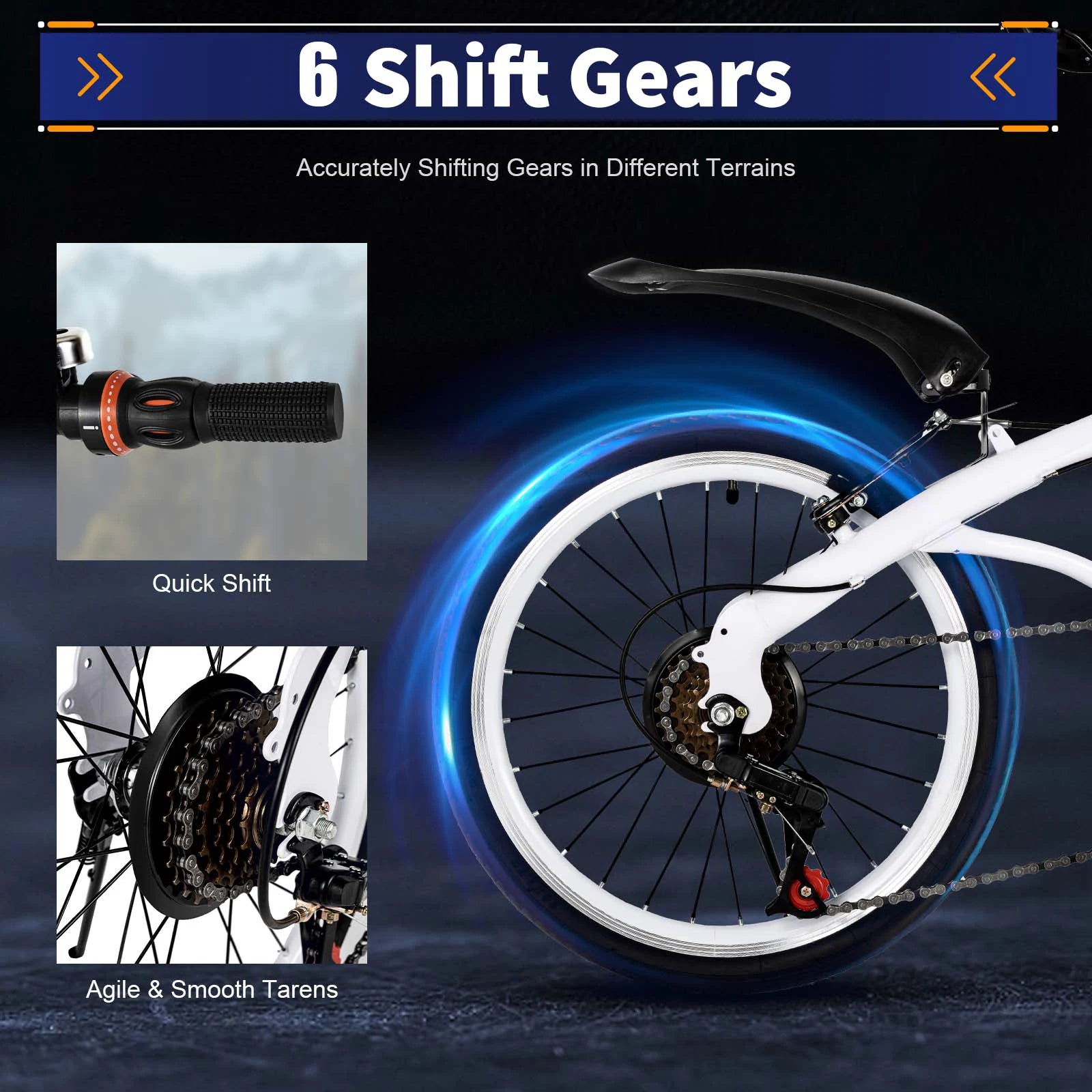 White Foldable Bicycle for Kids & Adults (4.6-6.2ft) - 6-Speed, Dual V-Brakes,Portable for Outdoor, Muddy, Mountain Roads