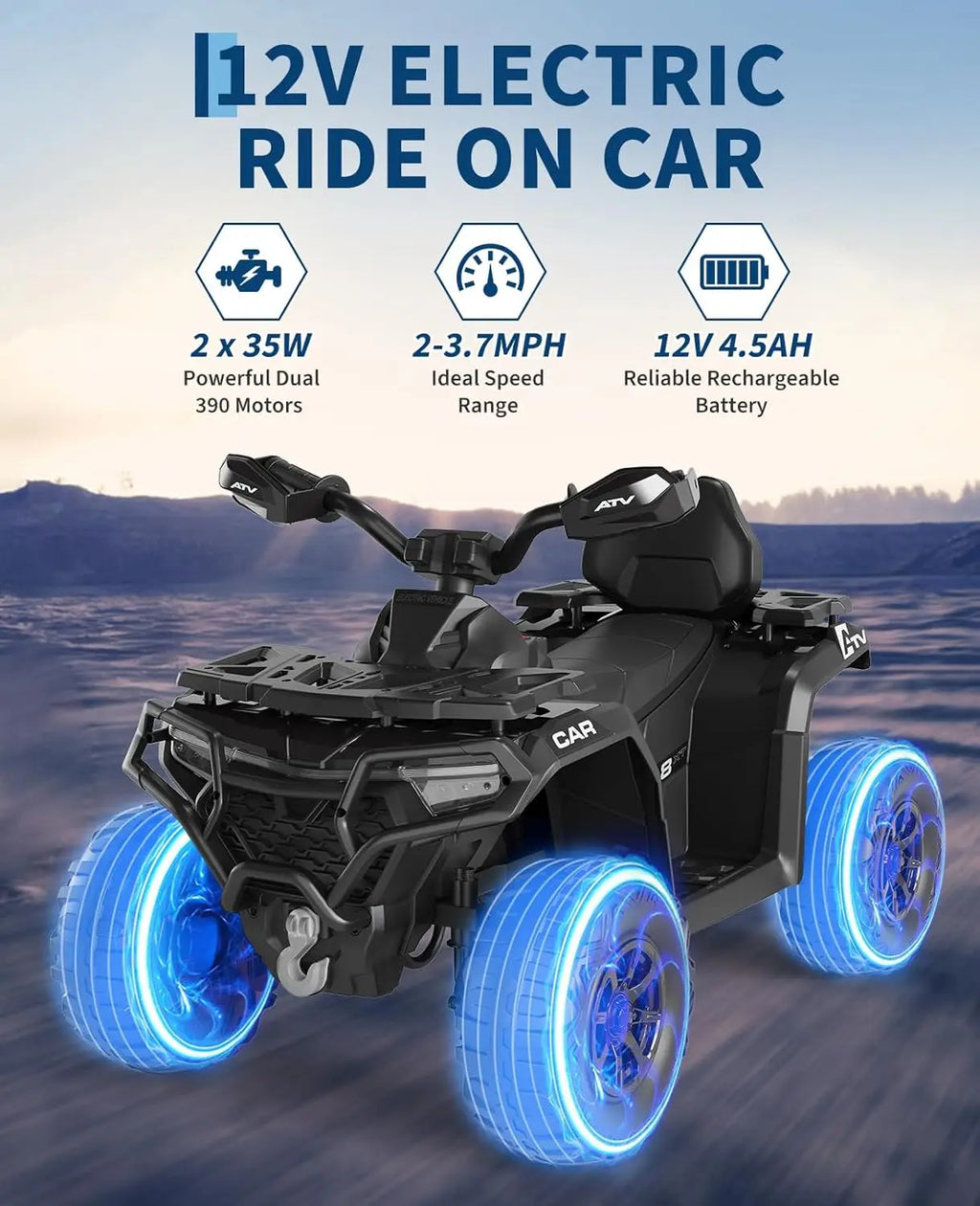 12V Kids Ride On ATV Car w/Parent Remote Control, Spring Suspension, LED Lights, Bluetooth, Off-Road Vehicle Toys for Boys&Girls