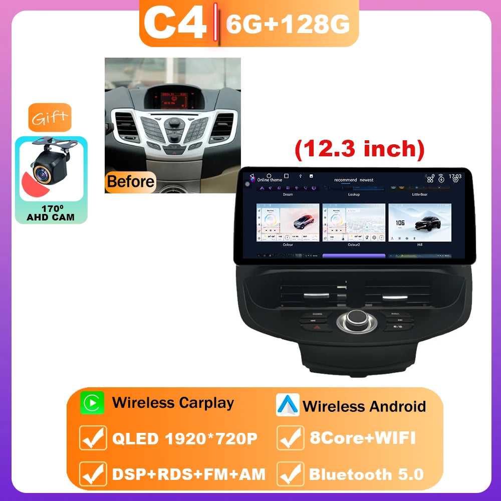 12.3" Android 15 Car Radio — Compatible with Ford Fiesta | QLED | 4G