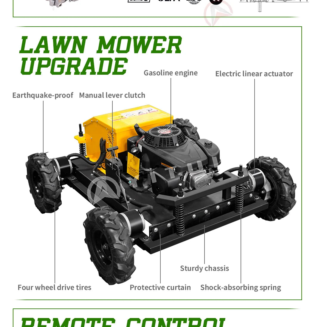 Wireless Remote Control Crawler Lawn Mower For Sloped Garden Farm Grass Cutting High Power Low Vibration Customizec
