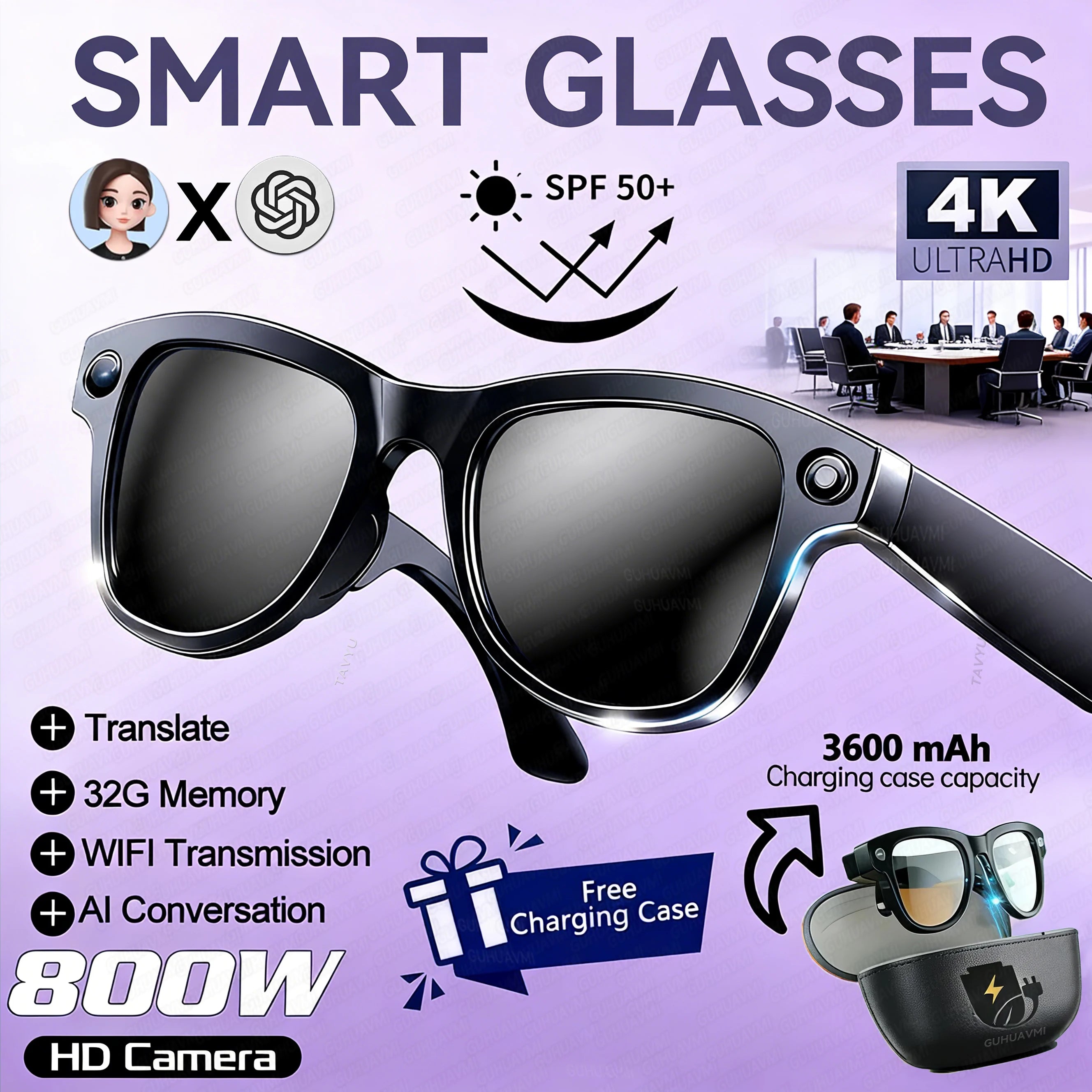 Lunettes connectées IA — Appareil photo 800 MP, batterie externe 3600 mAh, traduction de plus de 100 langues, Wi-Fi