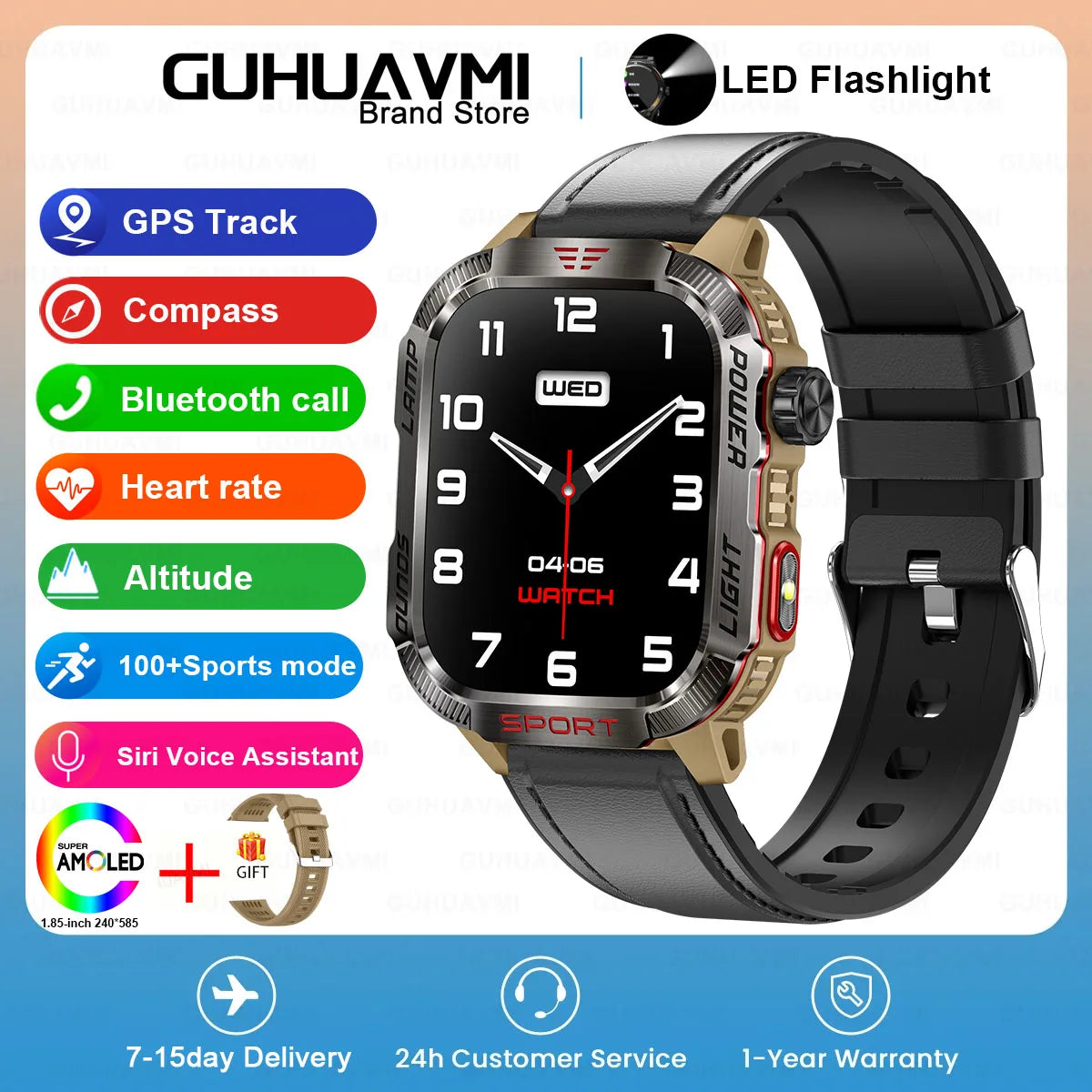 GUHUAVMI Outdoor Watch — AMOLED, GPS, Bluetooth
