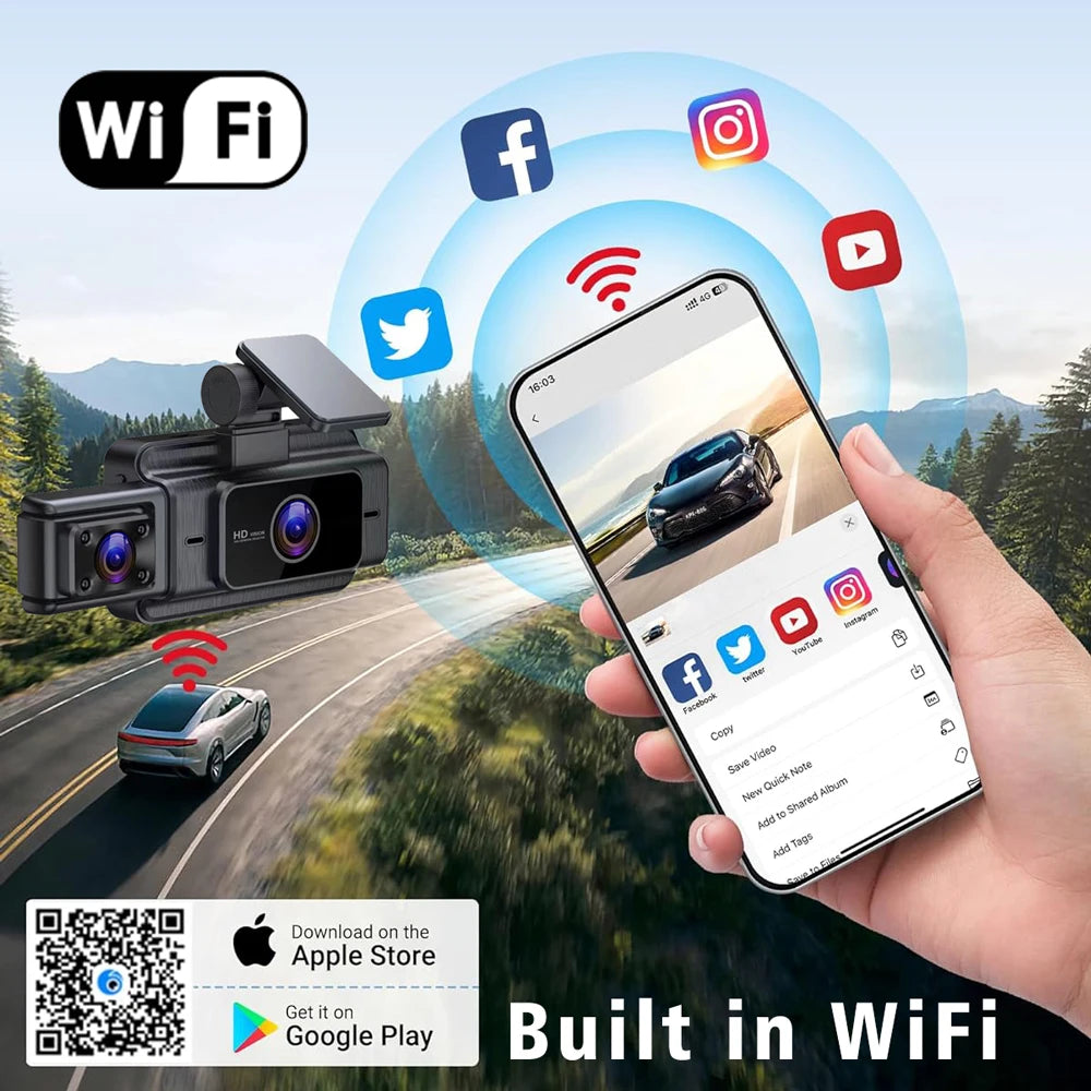 WiFi 3-Channel Dash Cam — 1080P, Cabin Lens