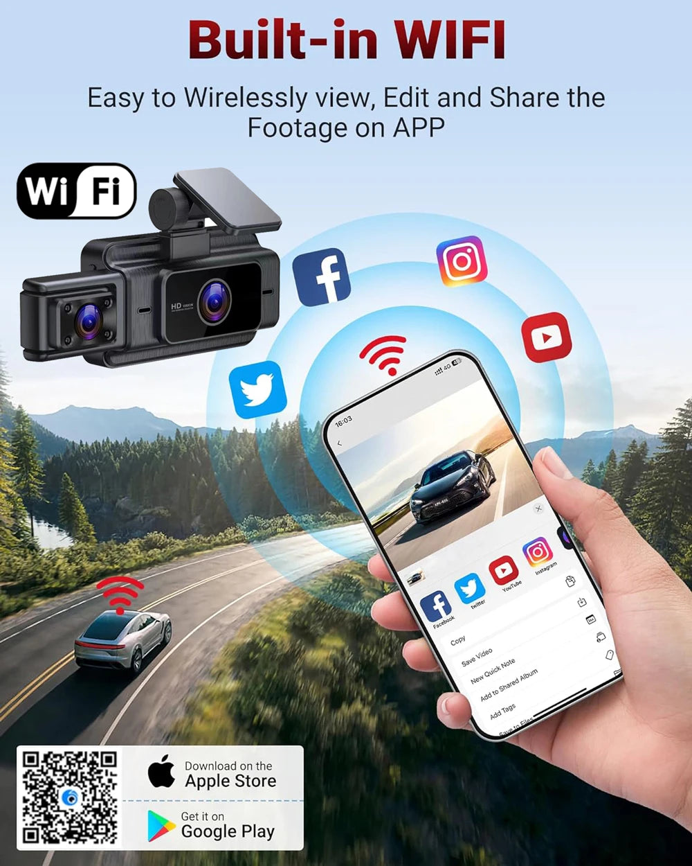 WiFi 3-Channel Dash Cam — 1080P, Cabin Lens