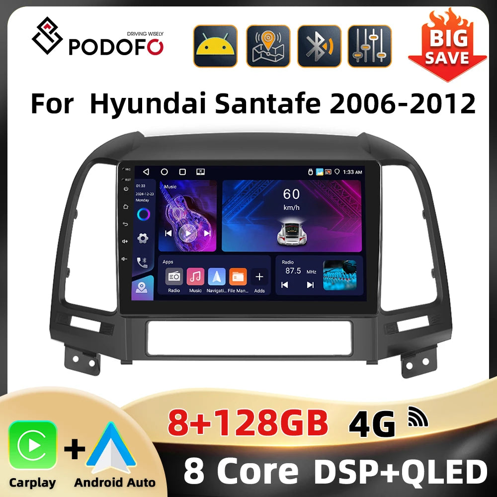 Podofo Hyundai Santa Fe — 8+128G, CarPlay, 4G