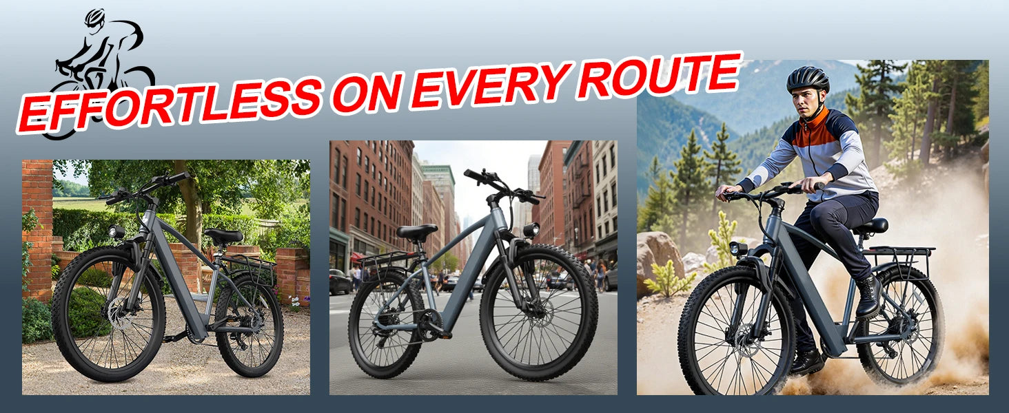 Adult electric bike with a 500W motor, 26x1.95 anti-slip tyres, a 36V 10.4Ah removable battery, a 7-speed gear system, and unisex pedal-assisted electric bike