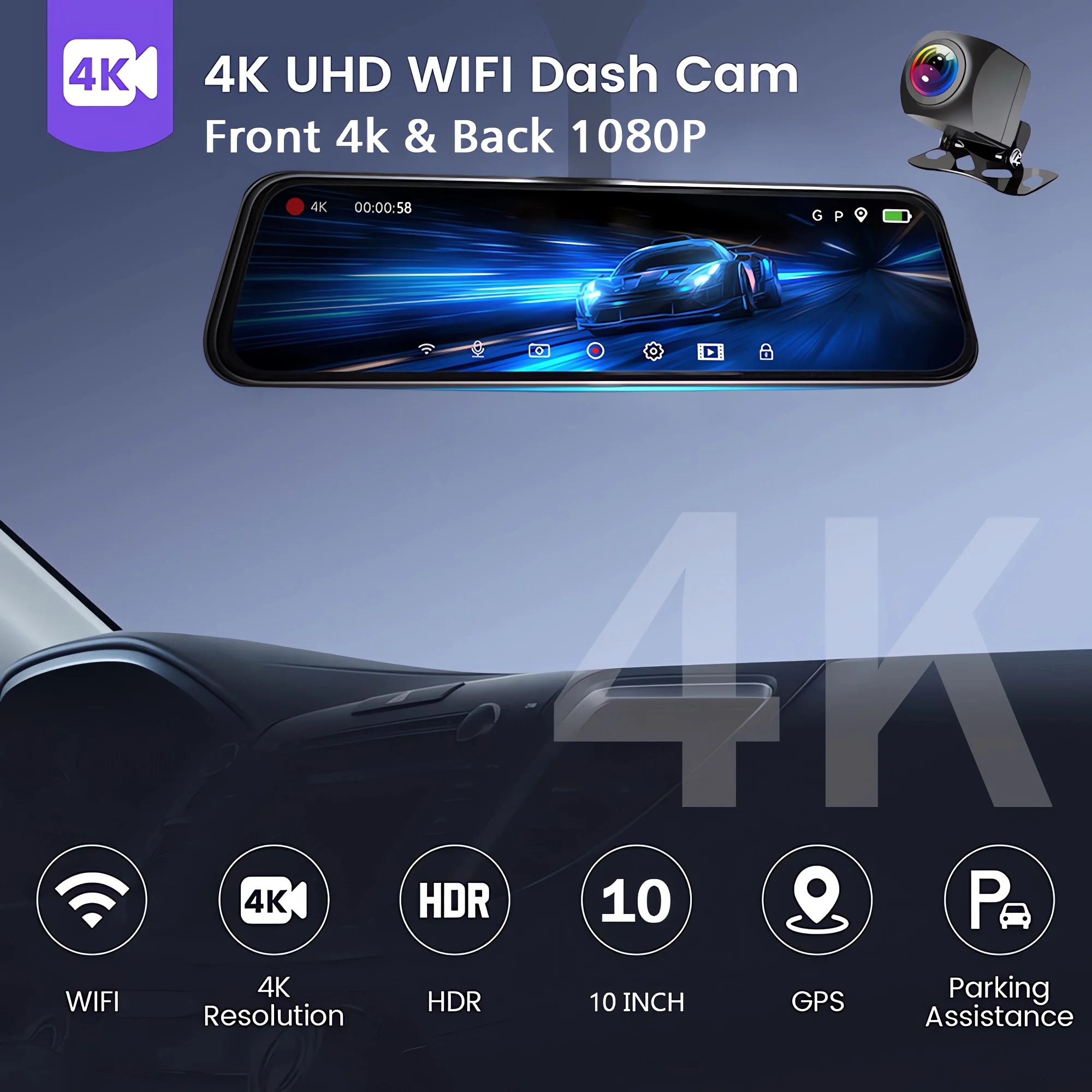 10" 4K Dash Cam — Dual Lens, GPS, WiFi