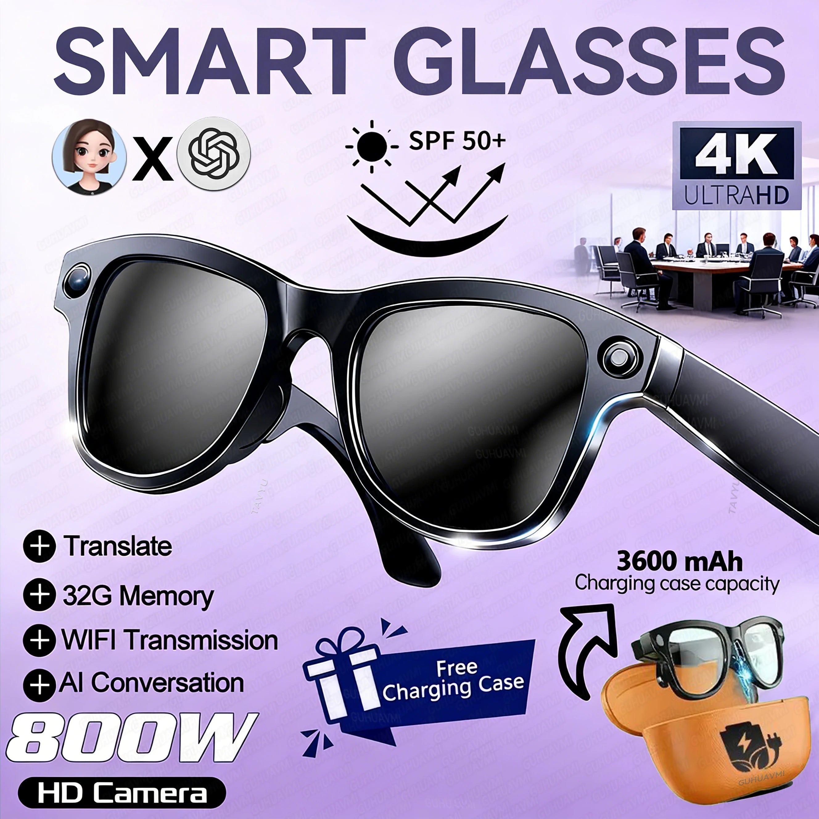 Lunettes connectées IA — Appareil photo 800 MP, batterie externe 3600 mAh, traduction de plus de 100 langues, Wi-Fi