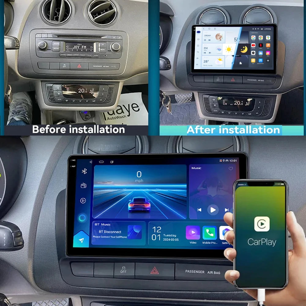 JIUYIN 9" Autoradio Android 15 für Seat Ibiza 2012-2015 Auto Multimedia Video Player WIFI BT GPS Navigation Audio Stereo Bildschirm