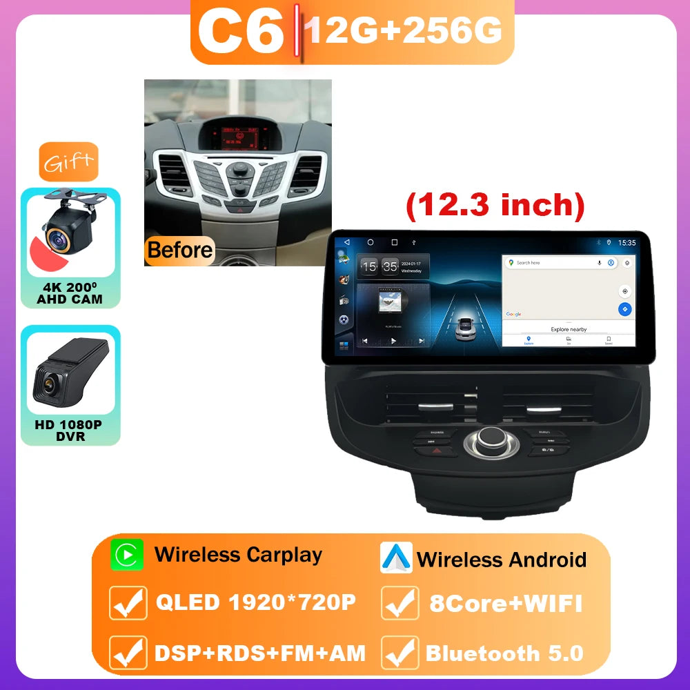 12.3" Android 15 Car Radio — Compatible with Ford Fiesta | QLED | 4G