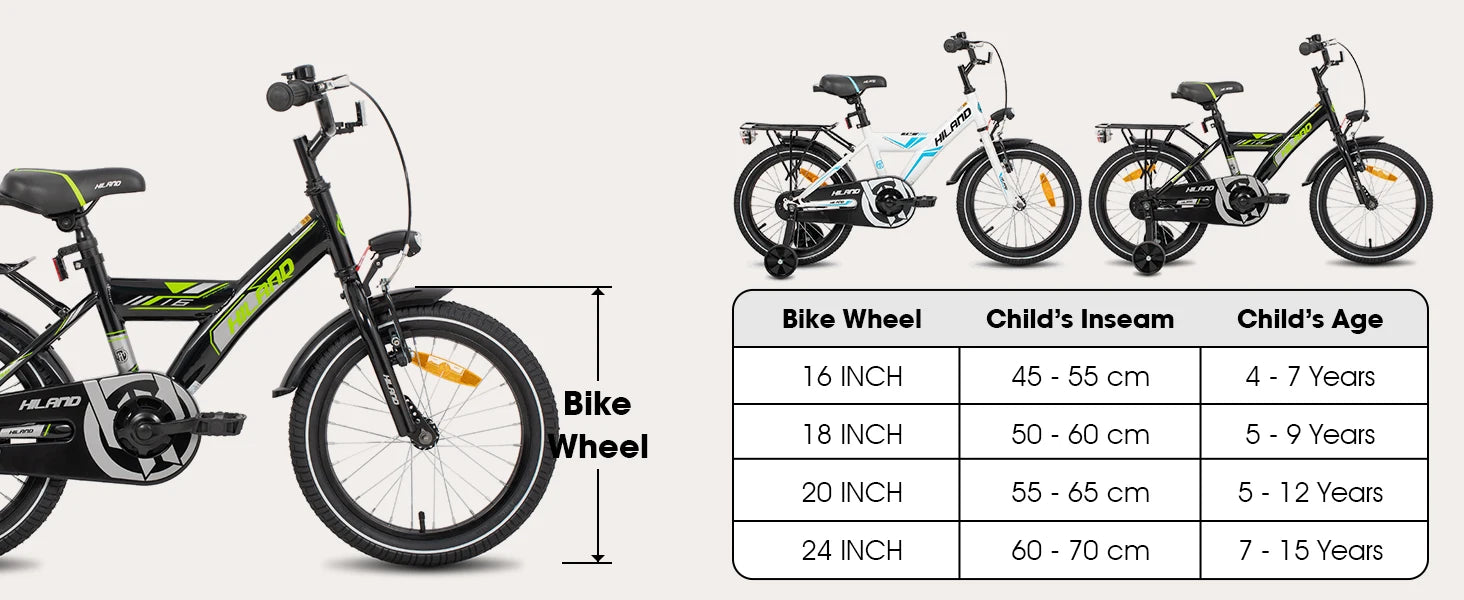 Hiland 16/18 Inch Kids Bike, Bike for Boys and Girls 4-9 Years, Black/White Kids Bicycle with Luggage Rack Stabilisers