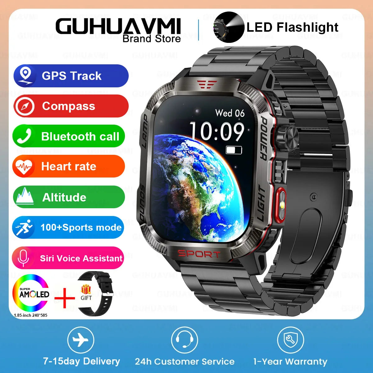 GUHUAVMI Outdoor Watch — AMOLED, GPS, Bluetooth