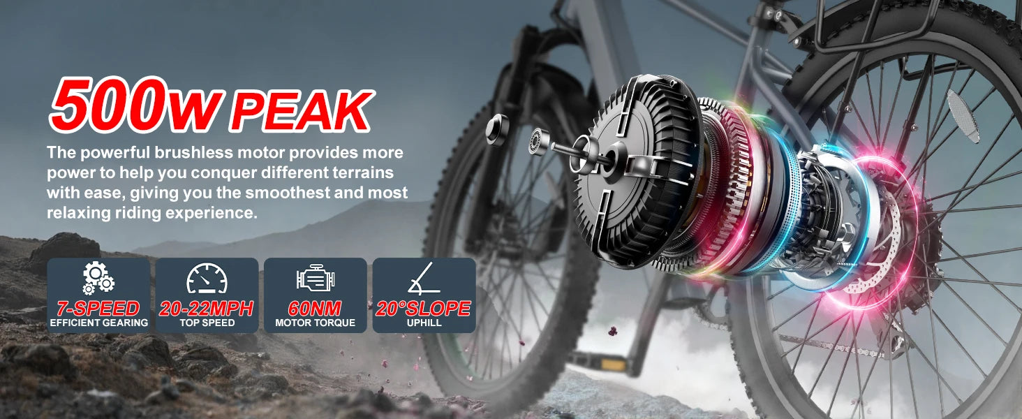 Adult electric bike with a 500W motor, 26x1.95 anti-slip tyres, a 36V 10.4Ah removable battery, a 7-speed gear system, and unisex pedal-assisted electric bike