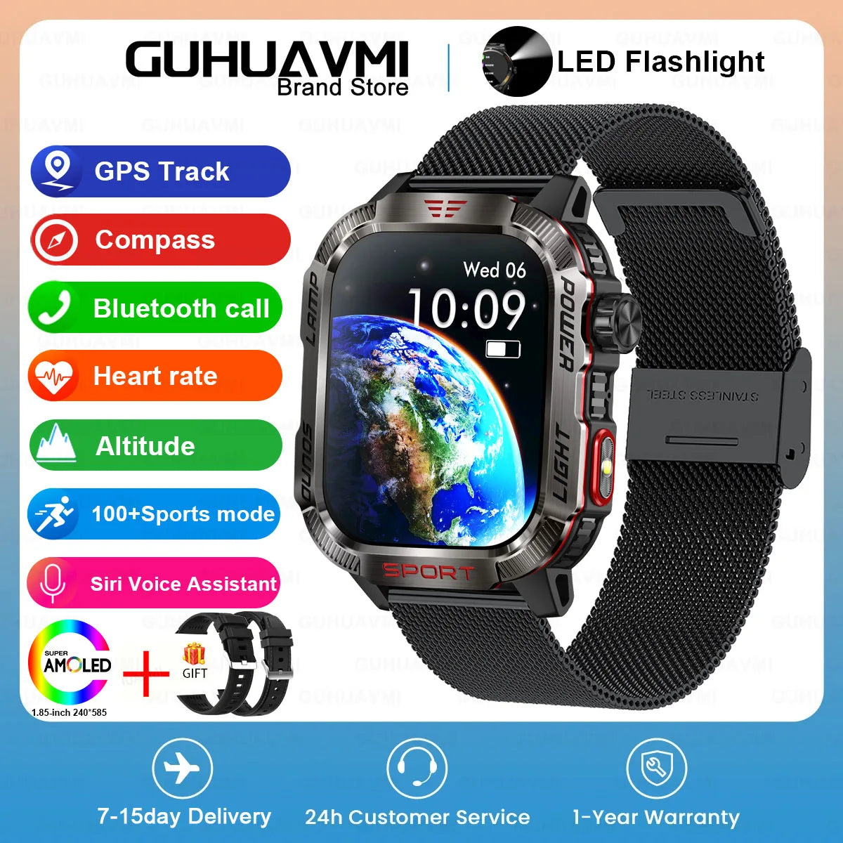 GUHUAVMI Outdoor Watch — AMOLED, GPS, Bluetooth