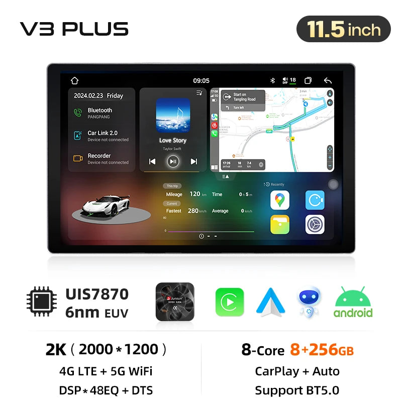 Junsun V3 Plus — 2K, Wireless CarPlay, Android Auto