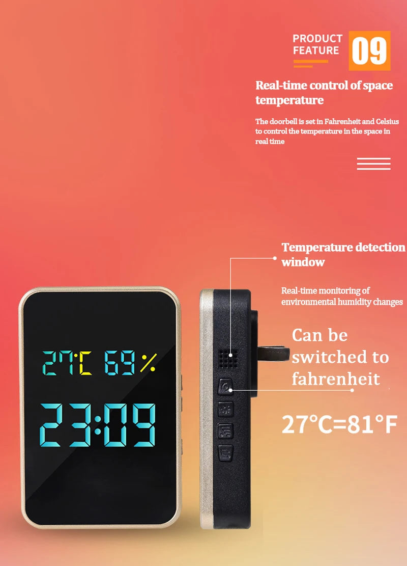 Kabellose Türklingel, batterie- und stromlos, Temperatur-, Feuchtigkeits- und Zeitanzeige, 433 MHz, für Zuhause, Außenbereich, Willkommensklingel