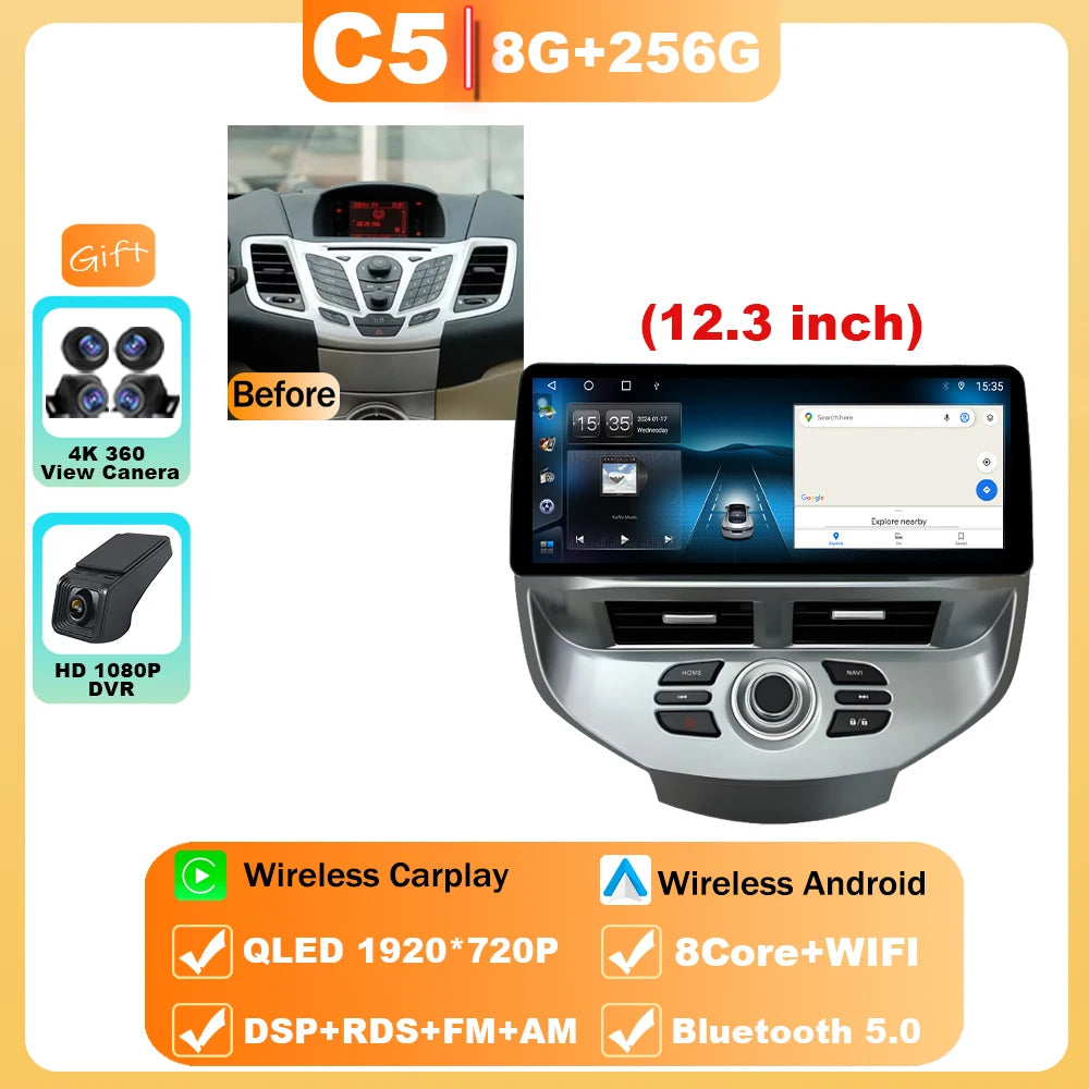 12.3" Android 15 Car Radio — Compatible with Ford Fiesta | QLED | 4G