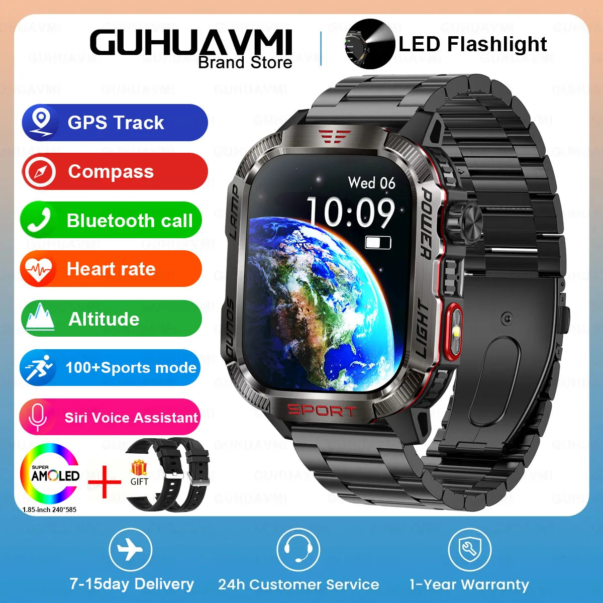 GUHUAVMI Outdoor Watch — AMOLED, GPS, Bluetooth