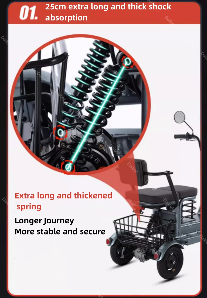 Powerful Parent Child Adult Electric Tricycle 3 Wheel For Elderly 2 Seat 800W Battery Removable Long Range Electric Scooter 60KM