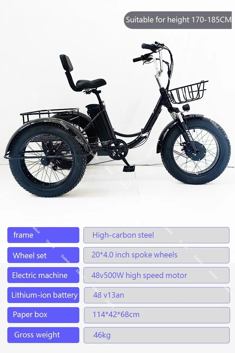3 Wheel 20 Inch Folding Electric Tricycle Adults Cargo Fat Tire 500w 48v Fatbike Electric Bicycle For Men Removable Battery