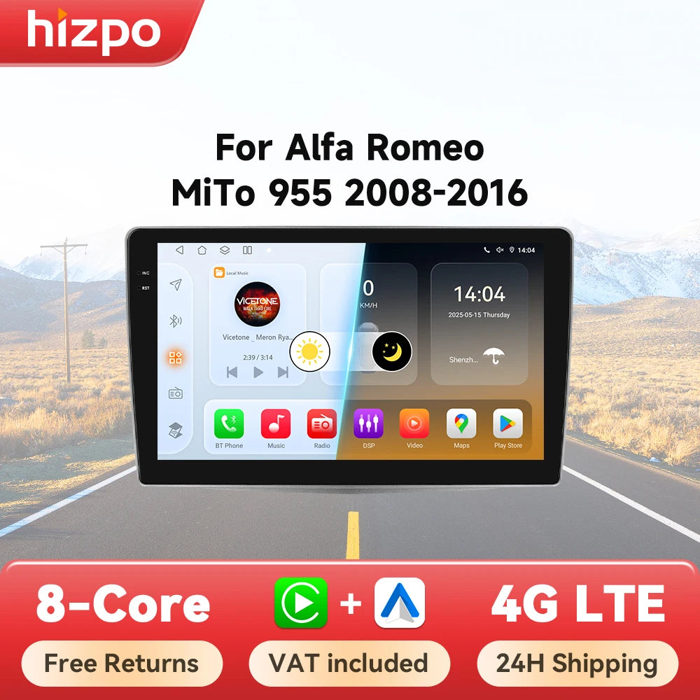 Hizpo Android Radio — Alfa Romeo Mito 955 2008-2016, Wireless CarPlay, GPS, DSP, 8-Kern