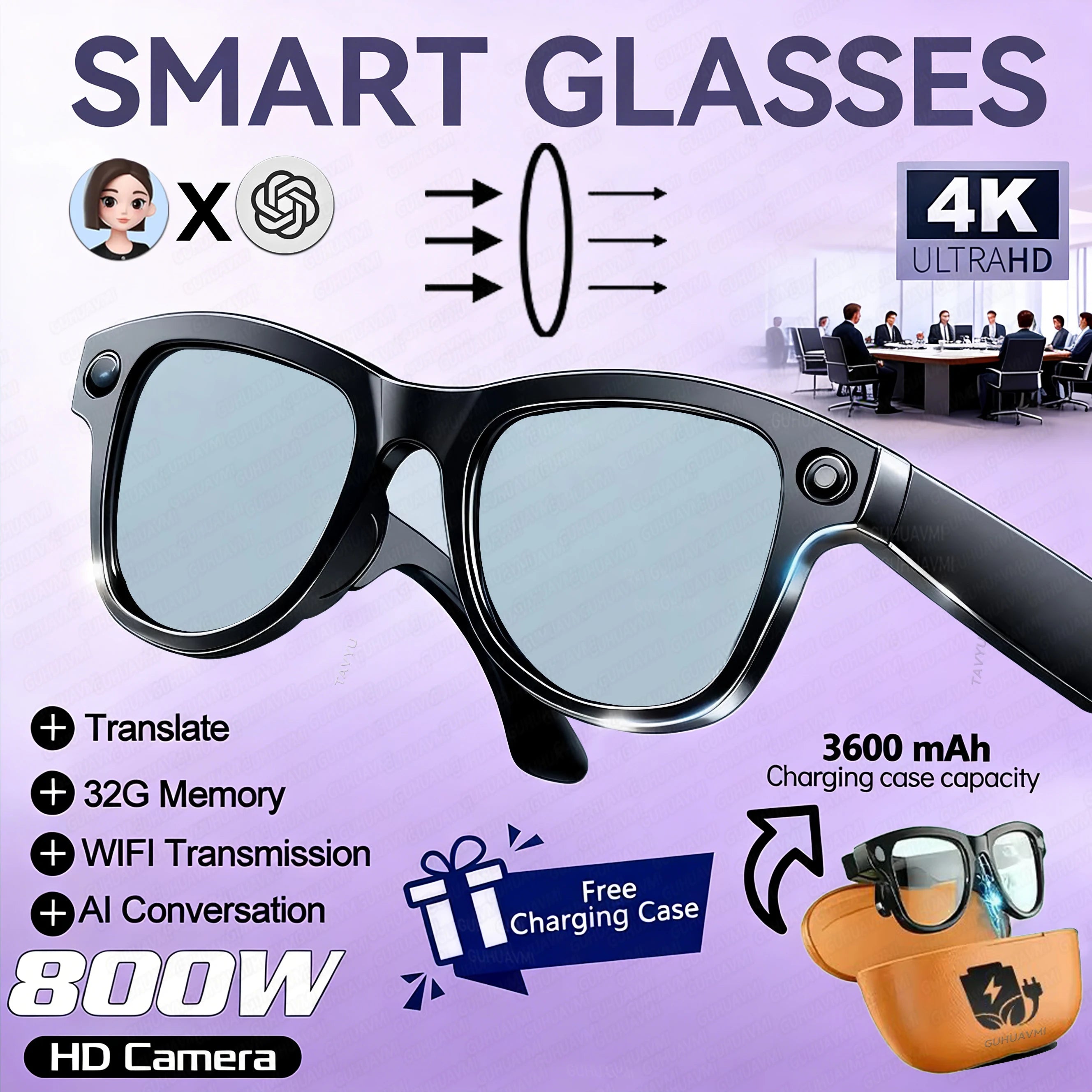 Lunettes connectées IA — Appareil photo 800 MP, batterie externe 3600 mAh, traduction de plus de 100 langues, Wi-Fi