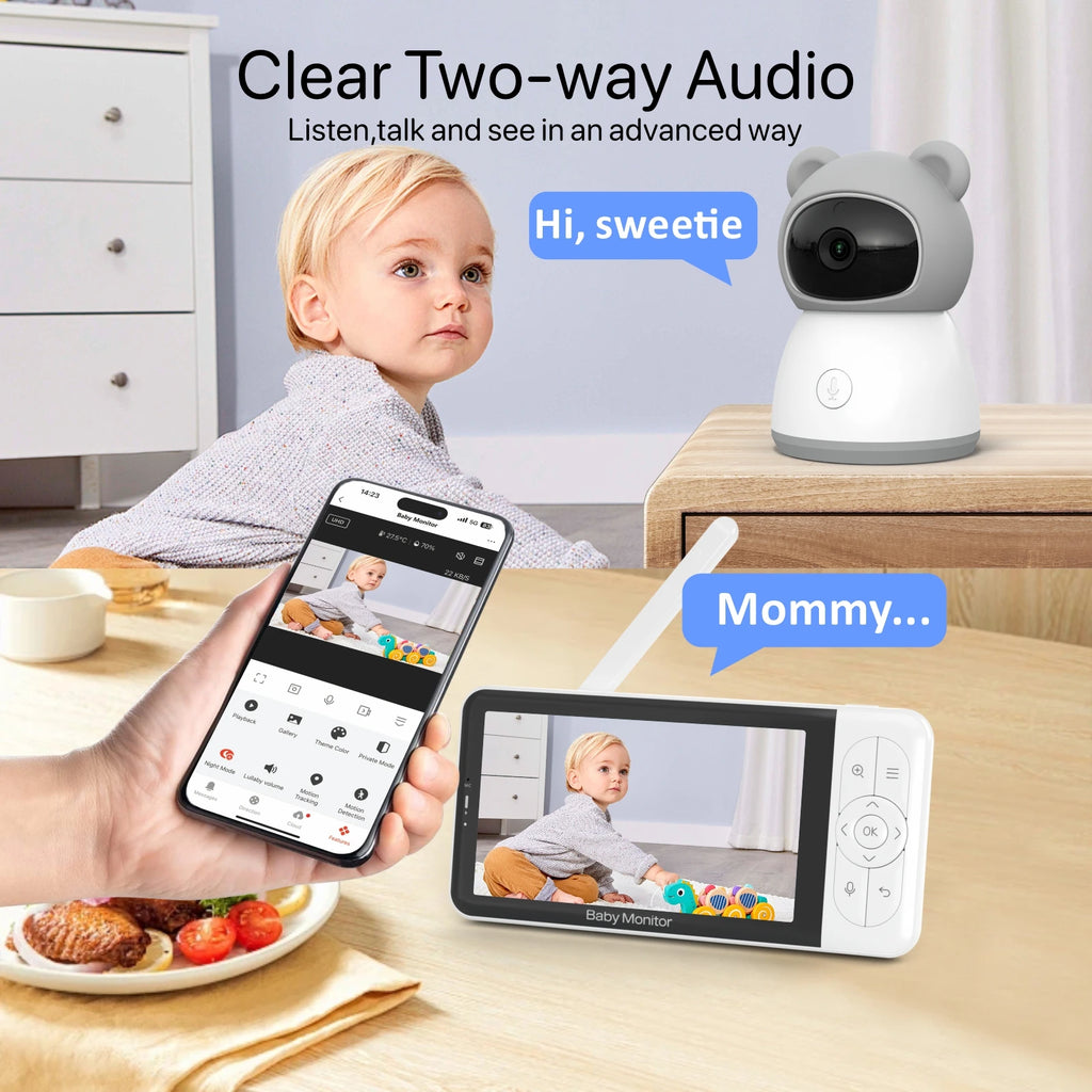 Tuya Smart Babyphone 2K-Kamera 5" 1080P Display Temperaturerkennung APP-Ansichtssteuerung Baby Nanny 2-Wege-Audio Babykamera