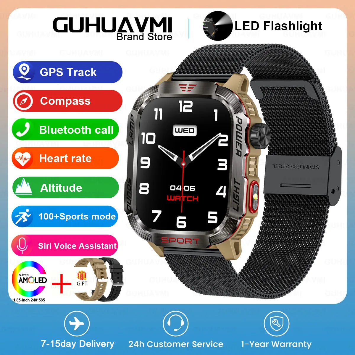 GUHUAVMI Outdoor Watch — AMOLED, GPS, Bluetooth