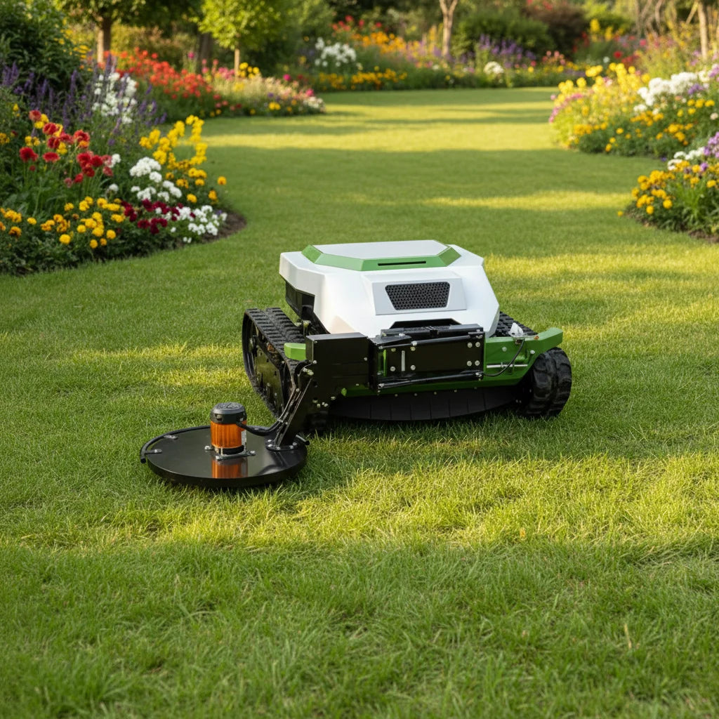 Cordless Tracked Lawn Mower with Obstacle Detection And GPS Remote Control for Rough Terrain Commercial Farm Use