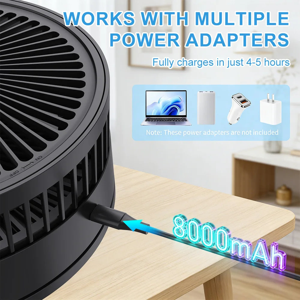 9" Portable Desk Fan with 8000mAh Rechargeable Battery, 4 Speed Settings,Ultra-Quiet, Oscillating Desktop Fans, for Home Officek