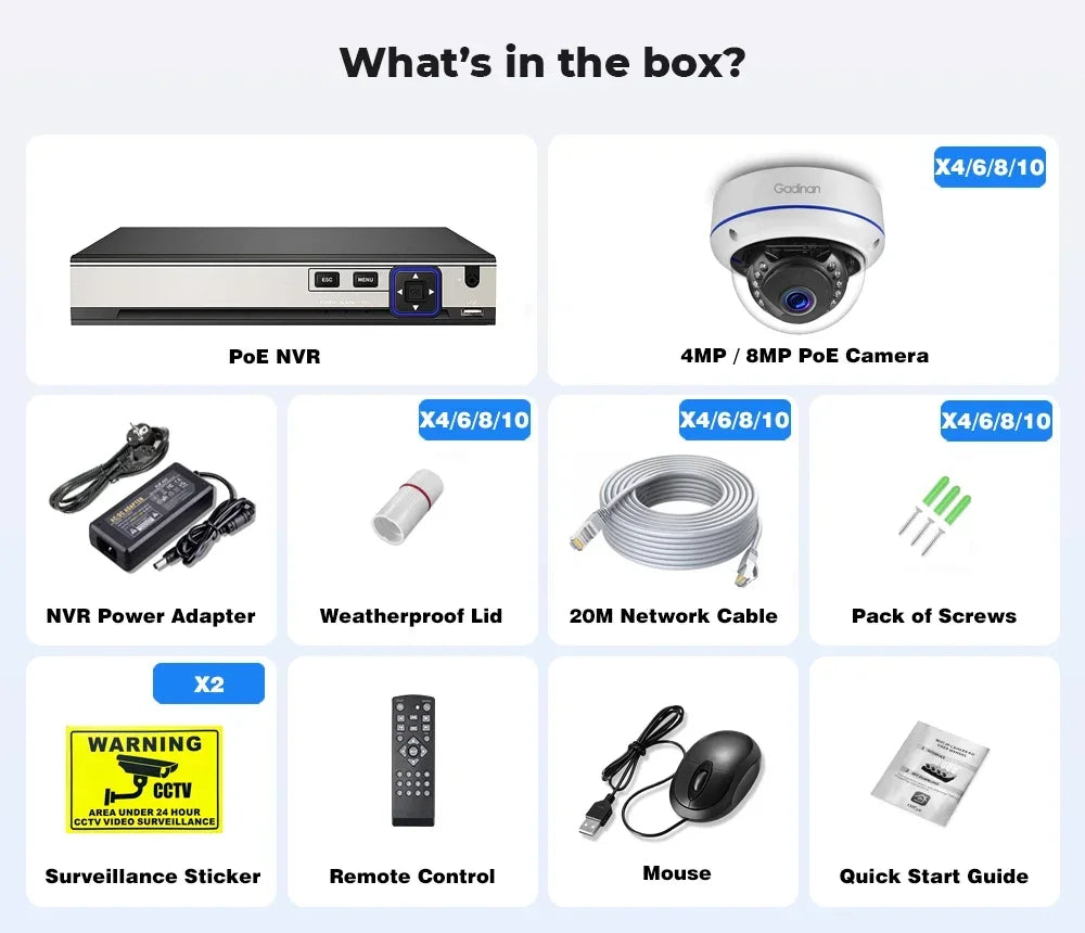 10-Kanal 4K 8MP PoE Überwachungskamera-Set mit Audio, Bewegungserkennung, vandalensicherer Dome-Kamera, 5MP 4MP CCTV Überwachungsschutz