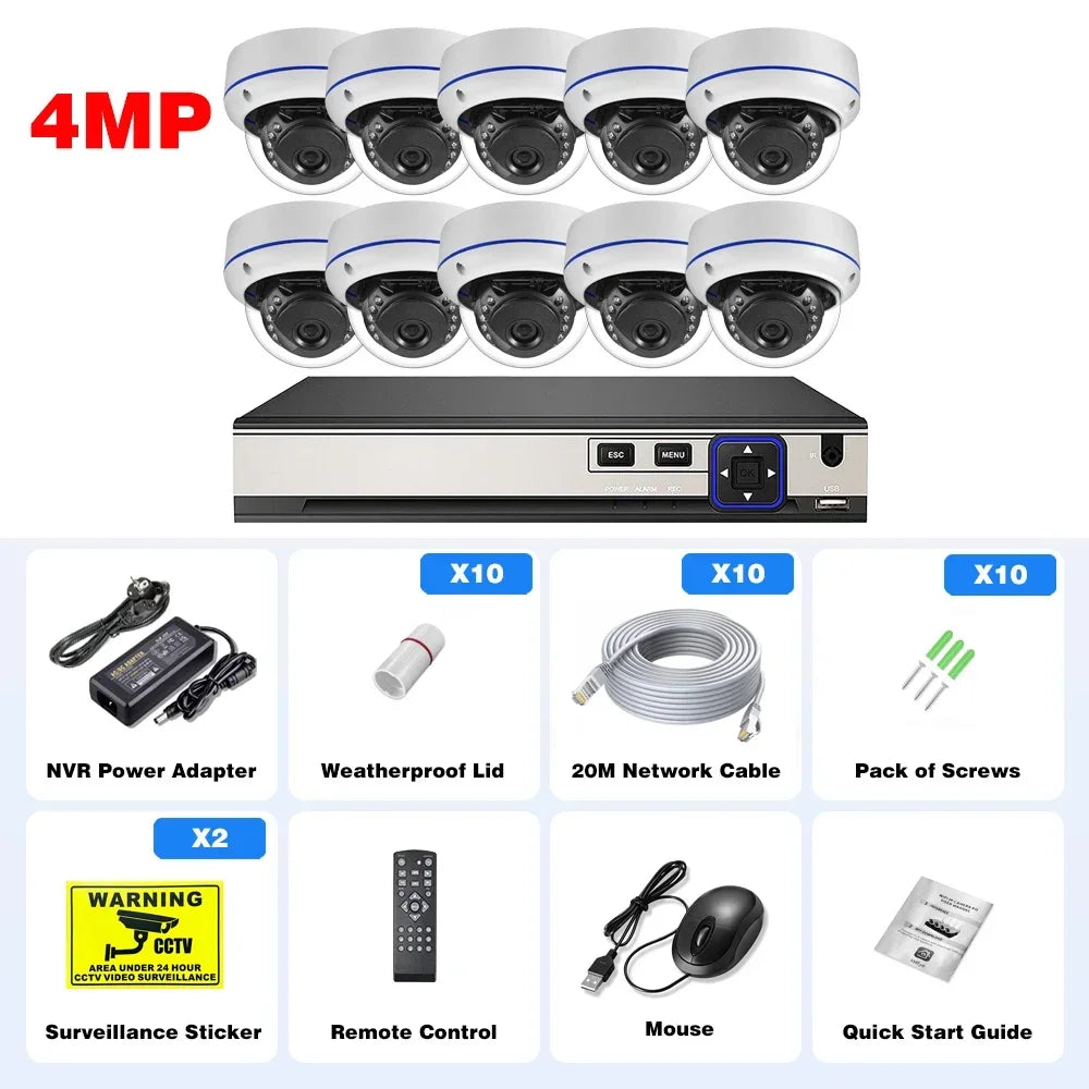 Kit de caméra de sécurité POE 10 canaux 4K 8MP Audio Détection de mouvement Caméra dôme extérieure anti-vandalisme 5MP 4MP Protection de surveillance CCTV