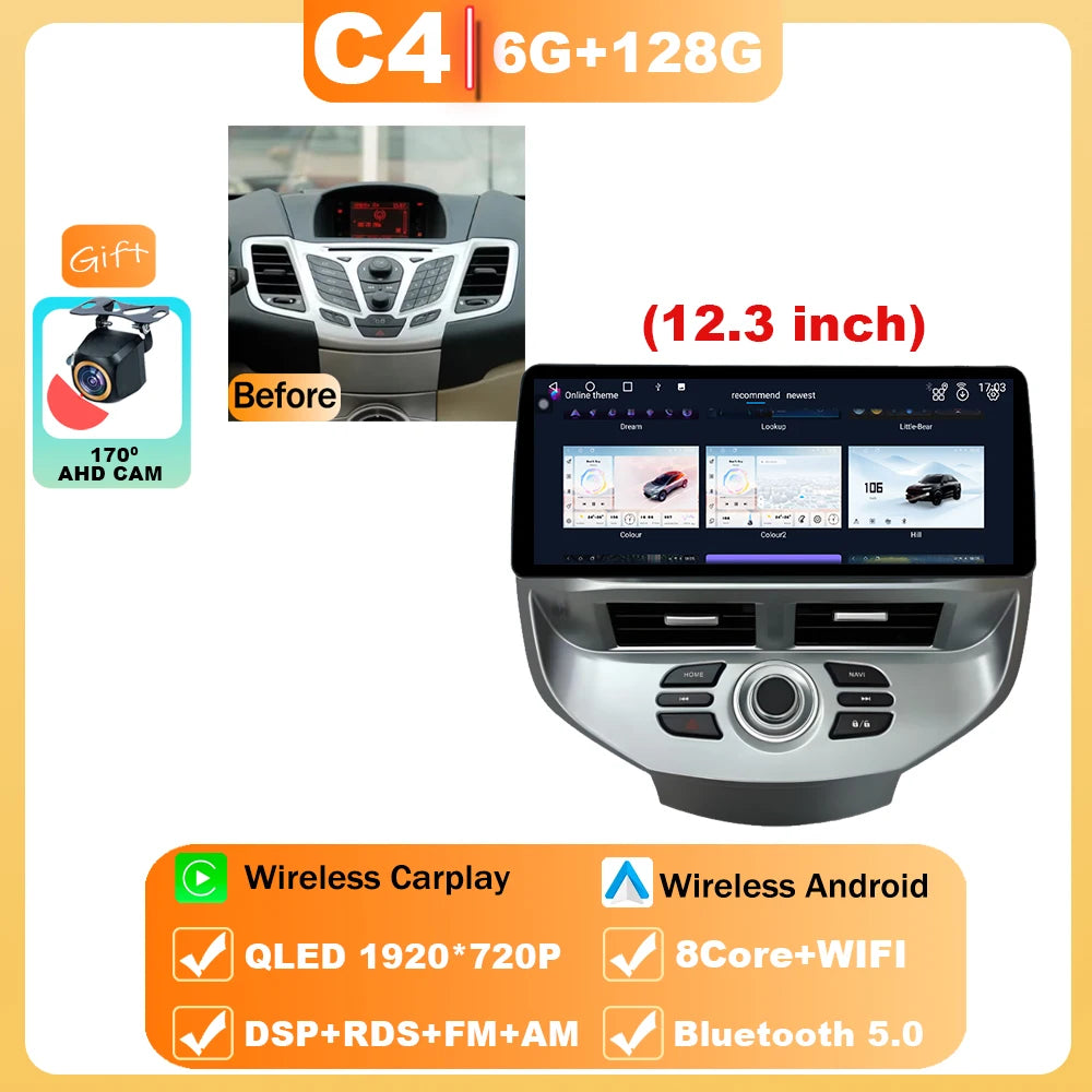 12.3" Android 15 Car Radio — Compatible with Ford Fiesta | QLED | 4G