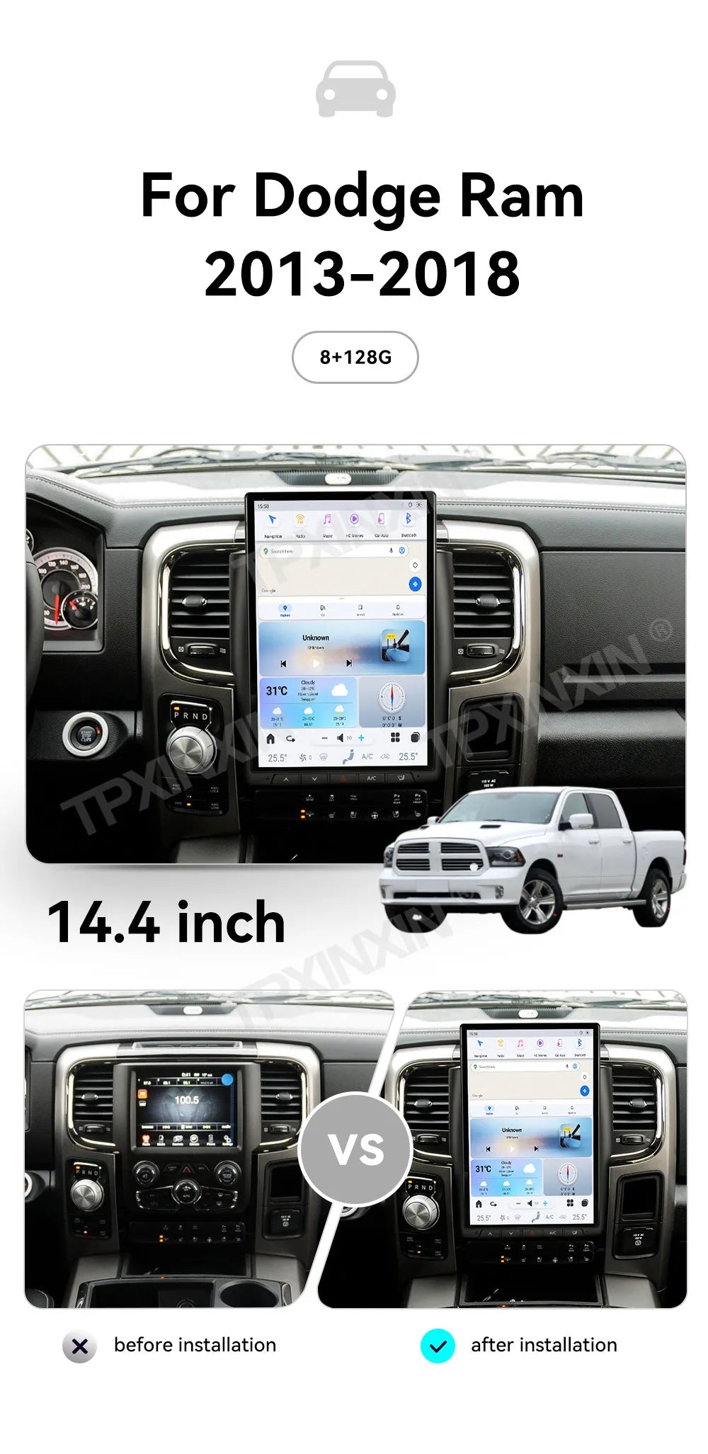 Dodge Ram 14.4" — Android 13, CarPlay, Vertical Screen