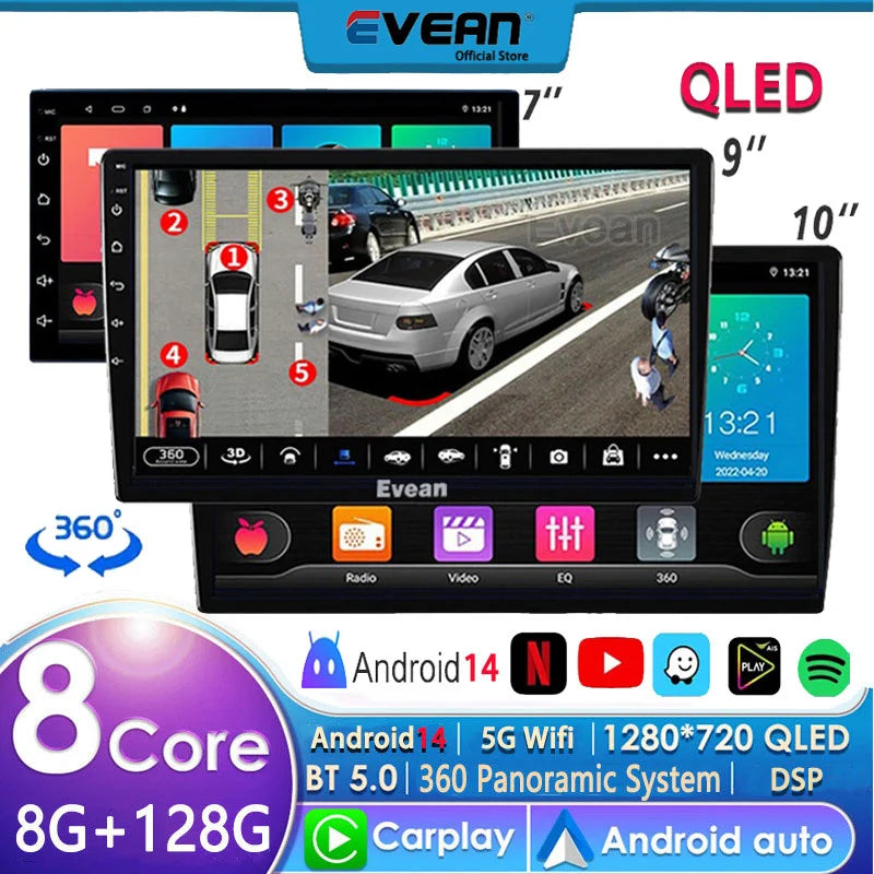 Evean 2Din Radio — Android 14, QLED, 360 Camera