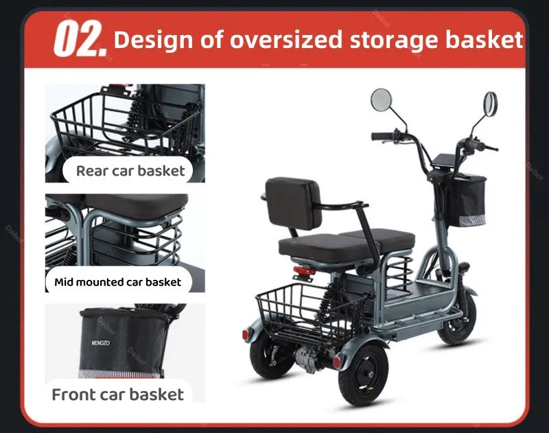 Powerful Parent Child Adult Electric Tricycle 3 Wheel For Elderly 2 Seat 800W Battery Removable Long Range Electric Scooter 60KM