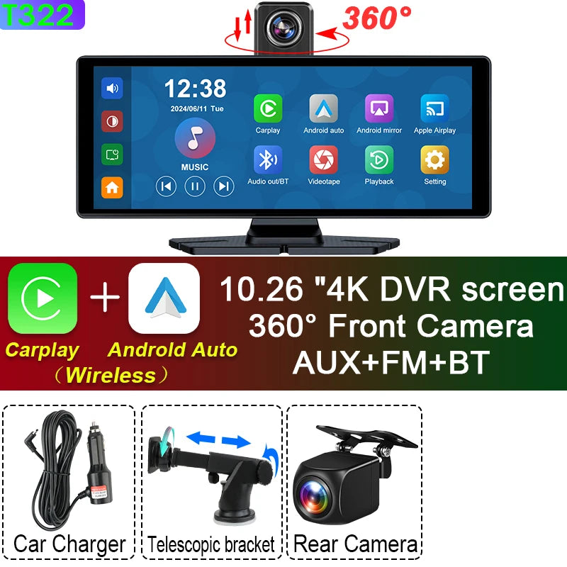 4K Dash Cam — Wireless CarPlay, Dual Lens