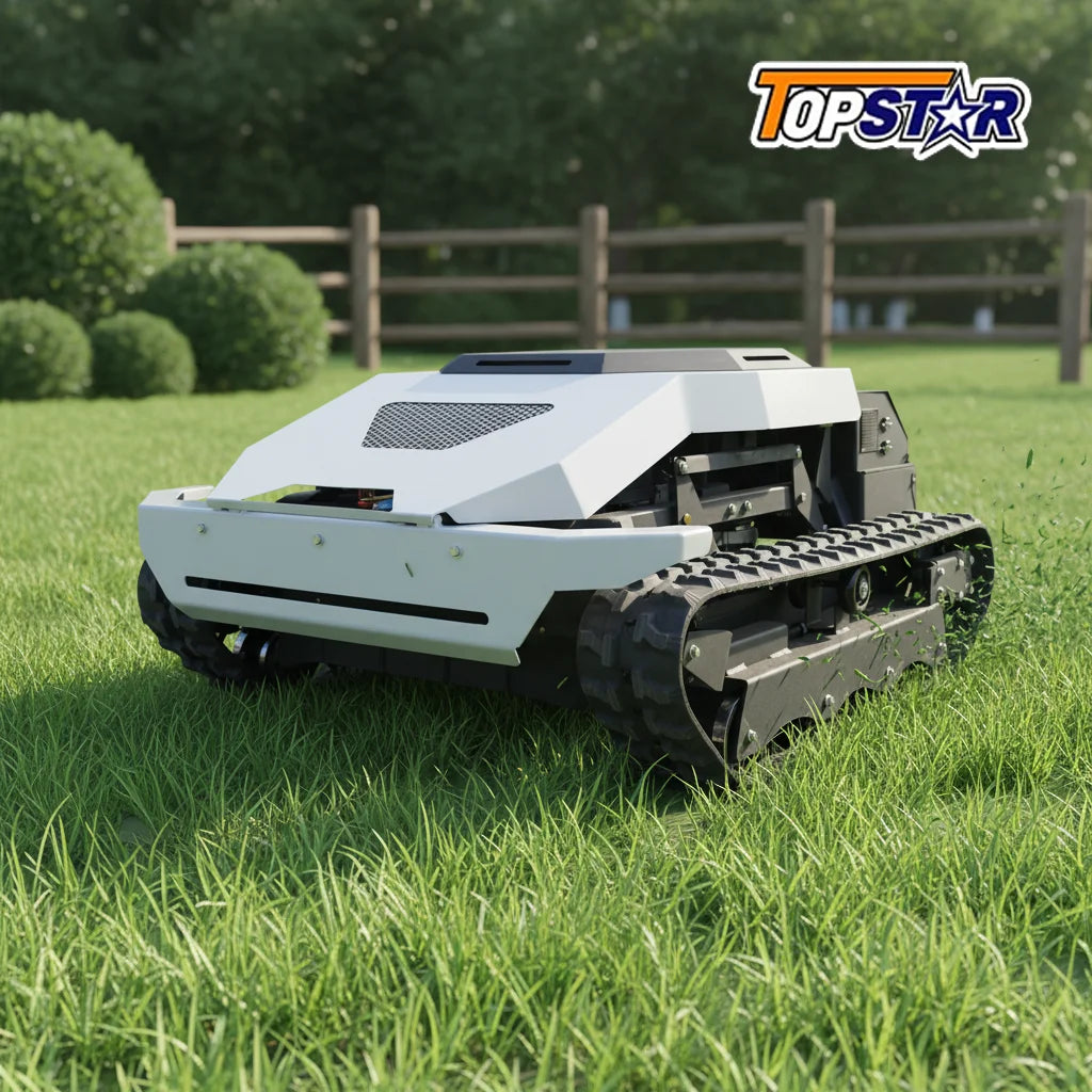 Cordless Tracked Lawn Mower with Obstacle Detection And GPS Remote Control for Rough Terrain Commercial Farm Use