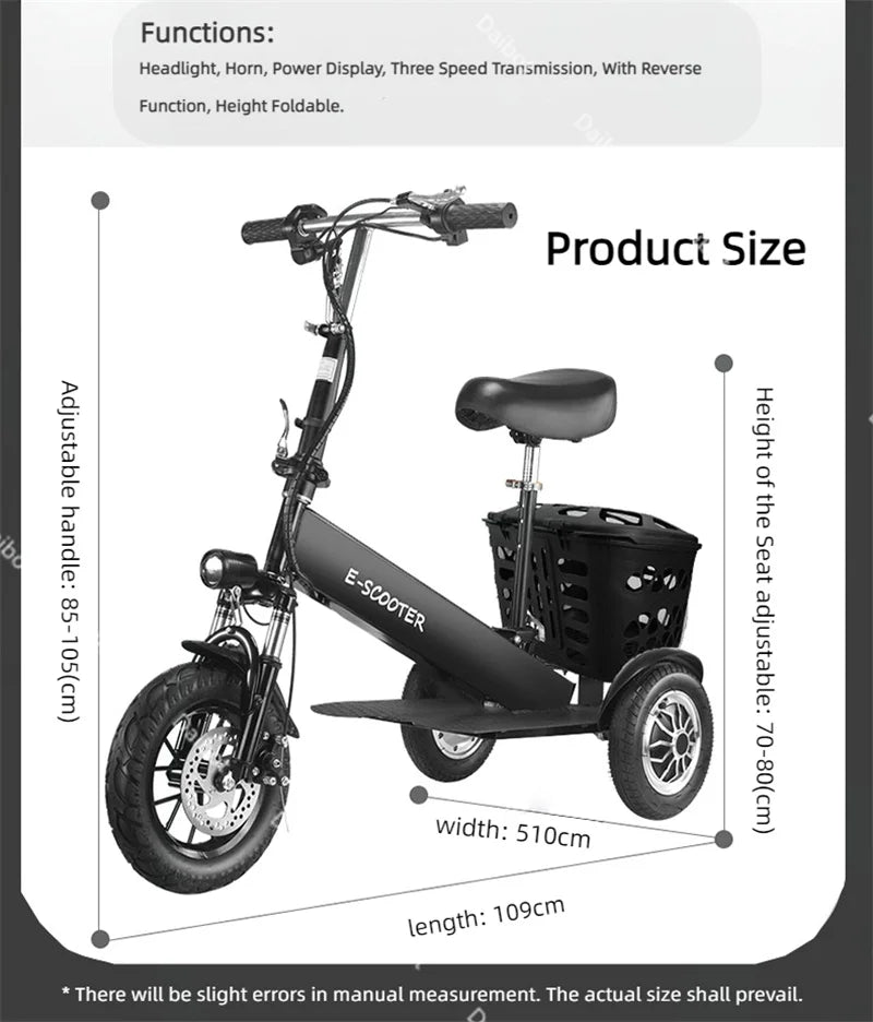 Foldable Mini Electric Tricycle For Woman with toddler seat 500W 36V lightweight Three Wheels Electric Scooter For Adults Basket
