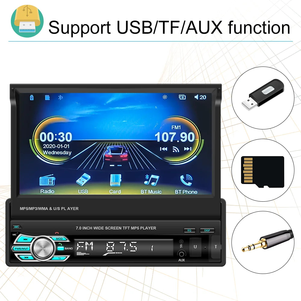 Podofo 1Din — Retractable Screen, CarPlay, Android Auto