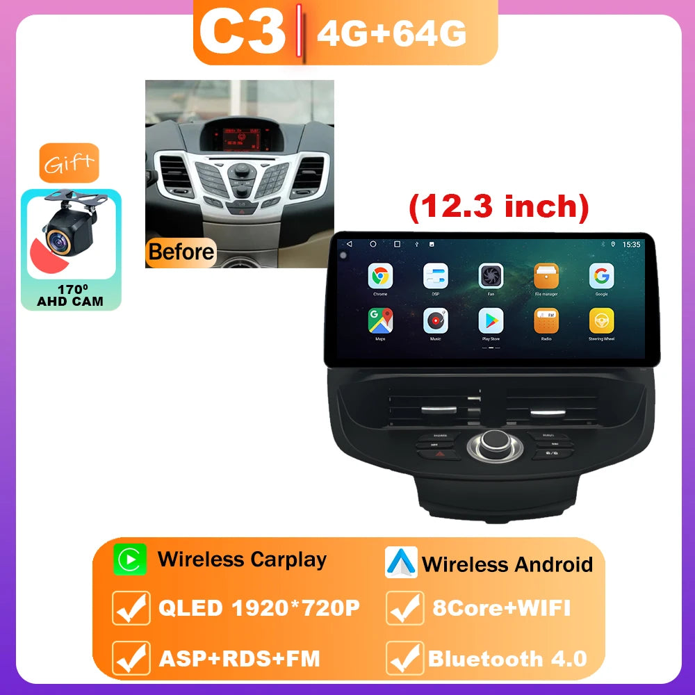 12.3" Android 15 Car Radio — Compatible with Ford Fiesta | QLED | 4G